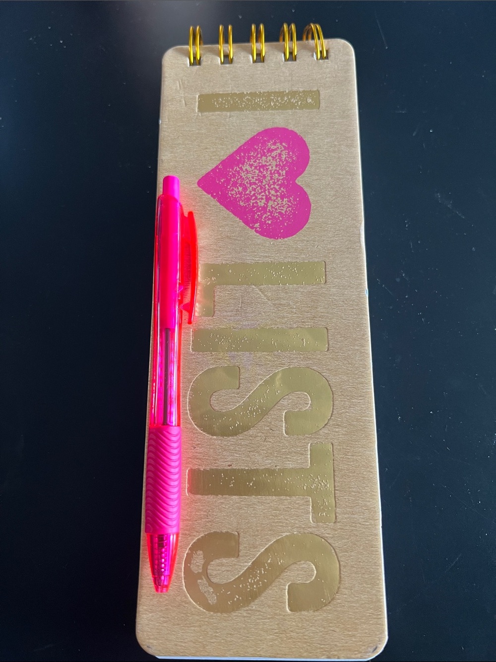 I LOVE LISTS Gold Spiral Notepad with Pink Heart and Hot Pink Pen